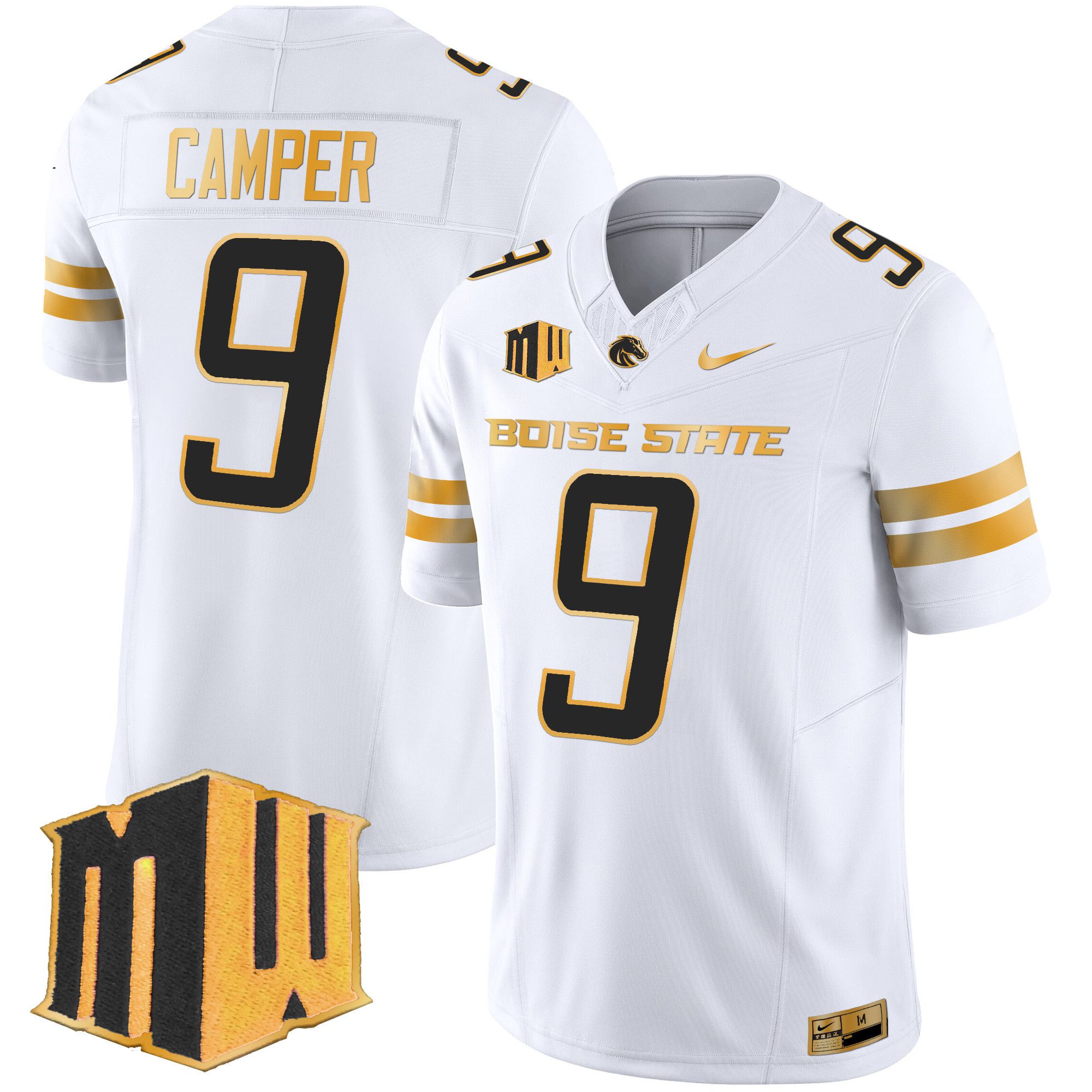 Men Boise State Broncos #9 Camper White Nike 2024 Gold Vapor Limited NCAA Jersey